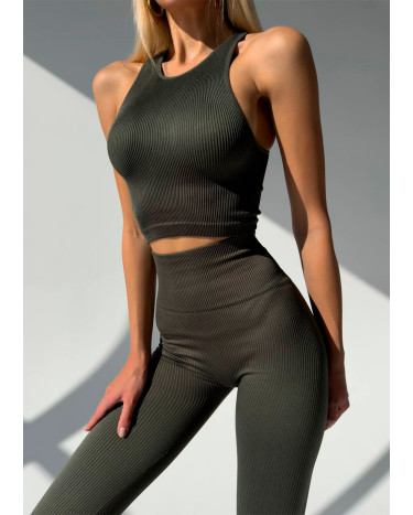 Sportswear Комплект Легінси з Push-Up Ефектом + Топ в Рубчик Темно Зелений Olive