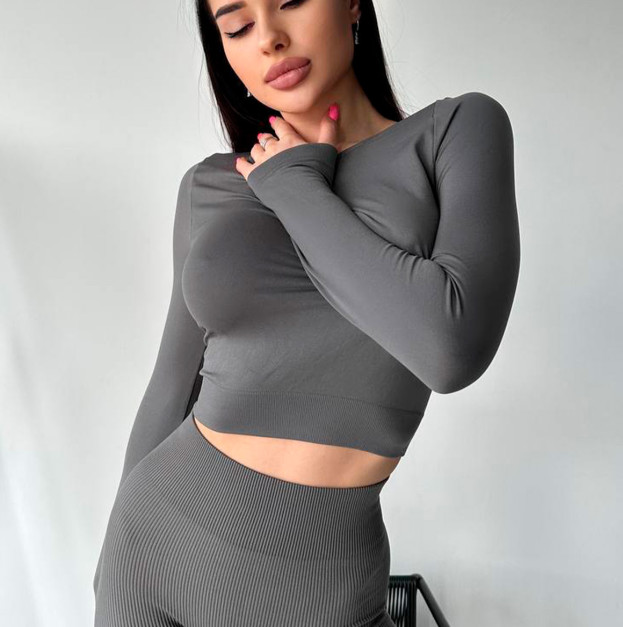 Кроп Топ з Довгим Рукавом Сірий