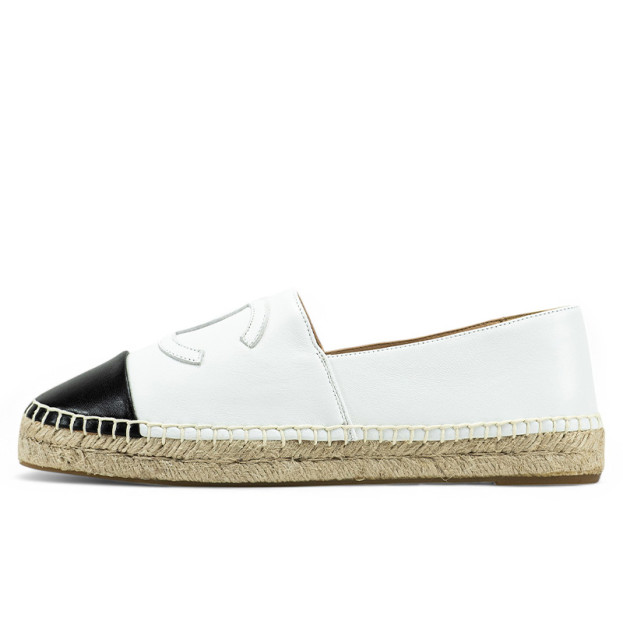 Chanel Off White Black Leather CC Espadrille Flats