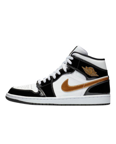 Кросівки Jordan 1 Mid Patent Black White Gold 852542-007 Чорний/білий